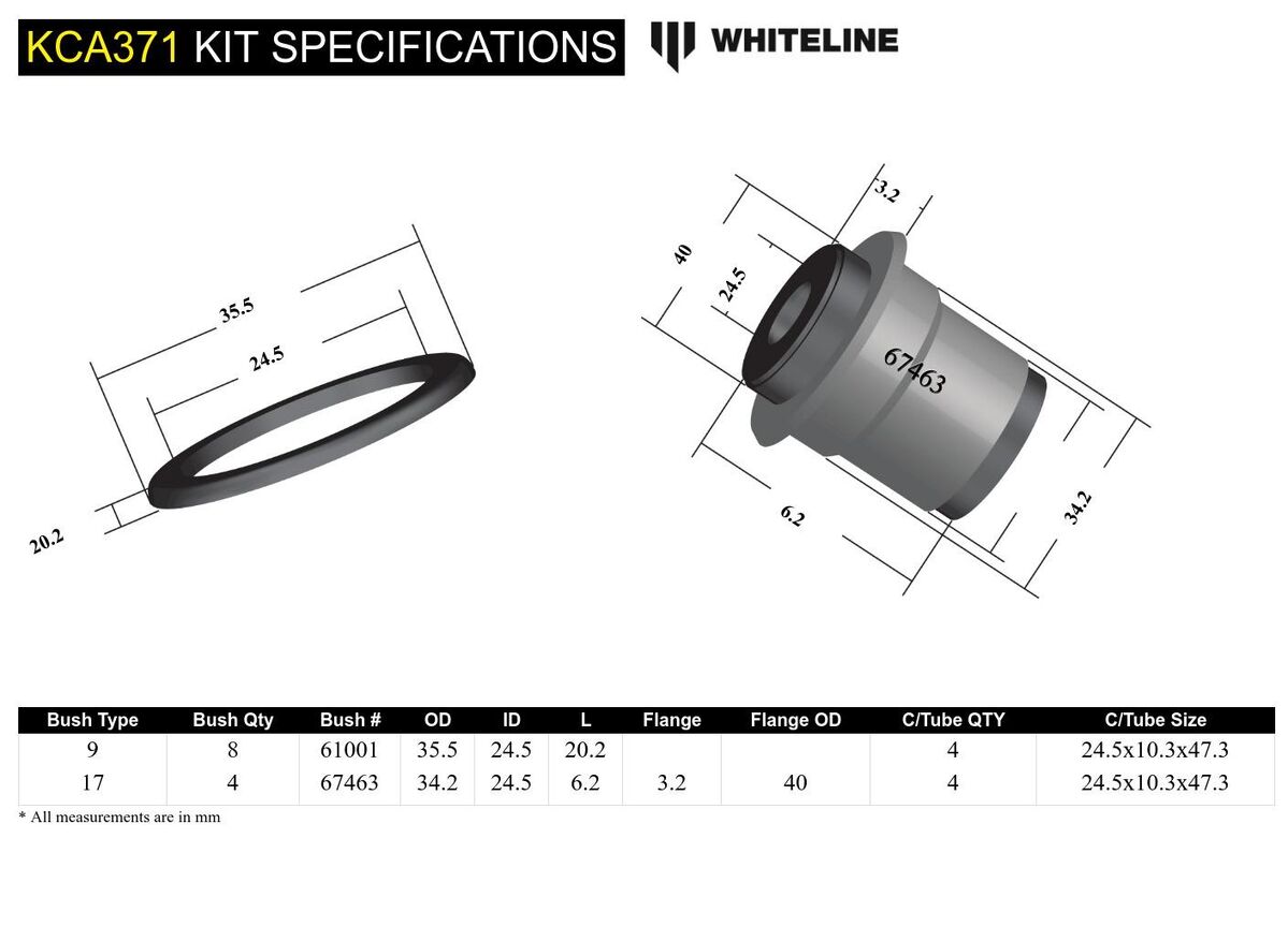 KCA371 Whiteline Front Upper Control Arm - Bushing Kit Double Offset to Suit Honda Civic 6th Gen and CR-V RD1-RD3 | Genuine Whiteline Suspension Component - photo 5 of 5