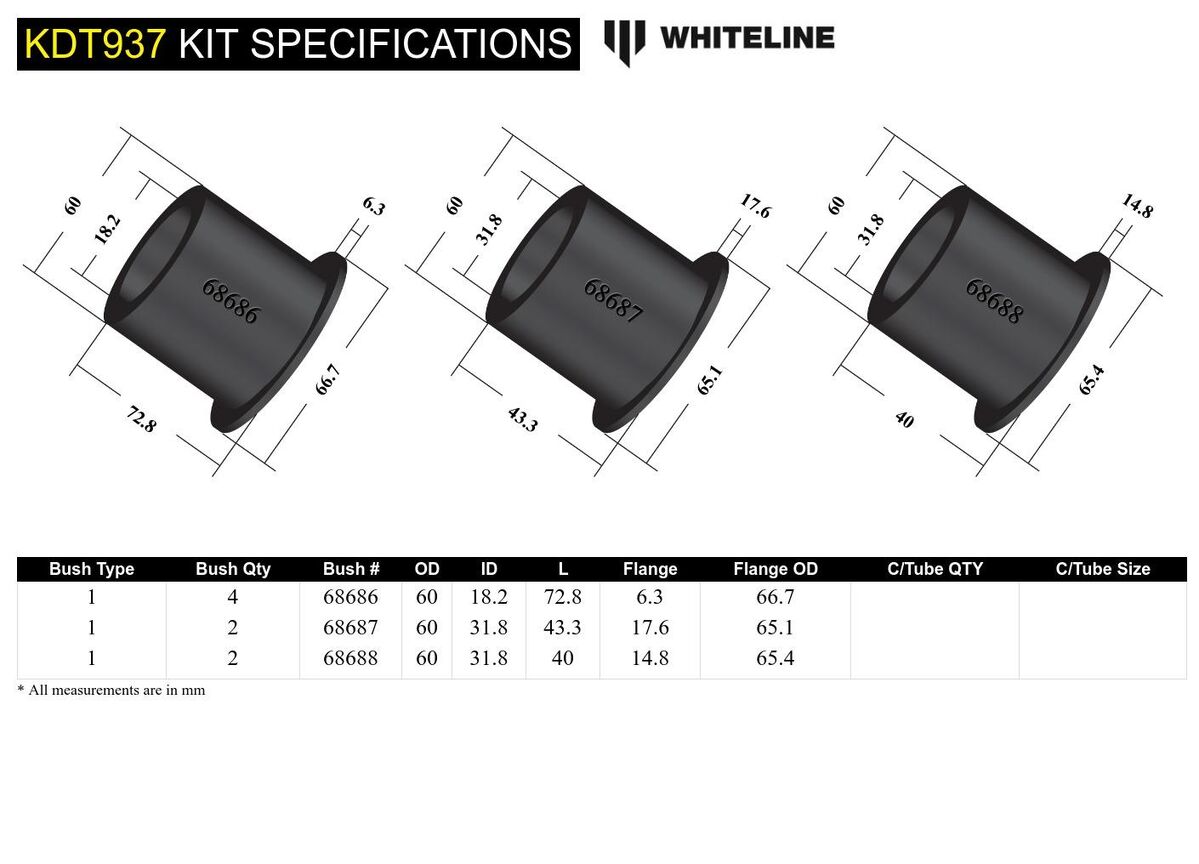 KDT937 Whiteline Rear Subframe - Bushing Kit to Suit Subaru Forester, Impreza WRX/STi, Levorg, Liberty and Outback | Genuine Whiteline Suspension Component - photo 5 of 5