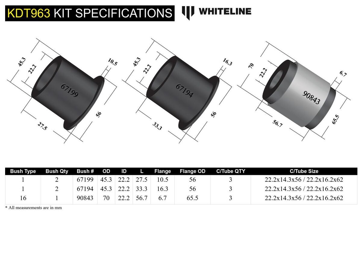 KDT963 Whiteline Rear Differential Mount - Bushing Kit to Suit Mitsubishi Lancer Evolution 10 | Genuine Whiteline Suspension Component - photo 5 of 5
