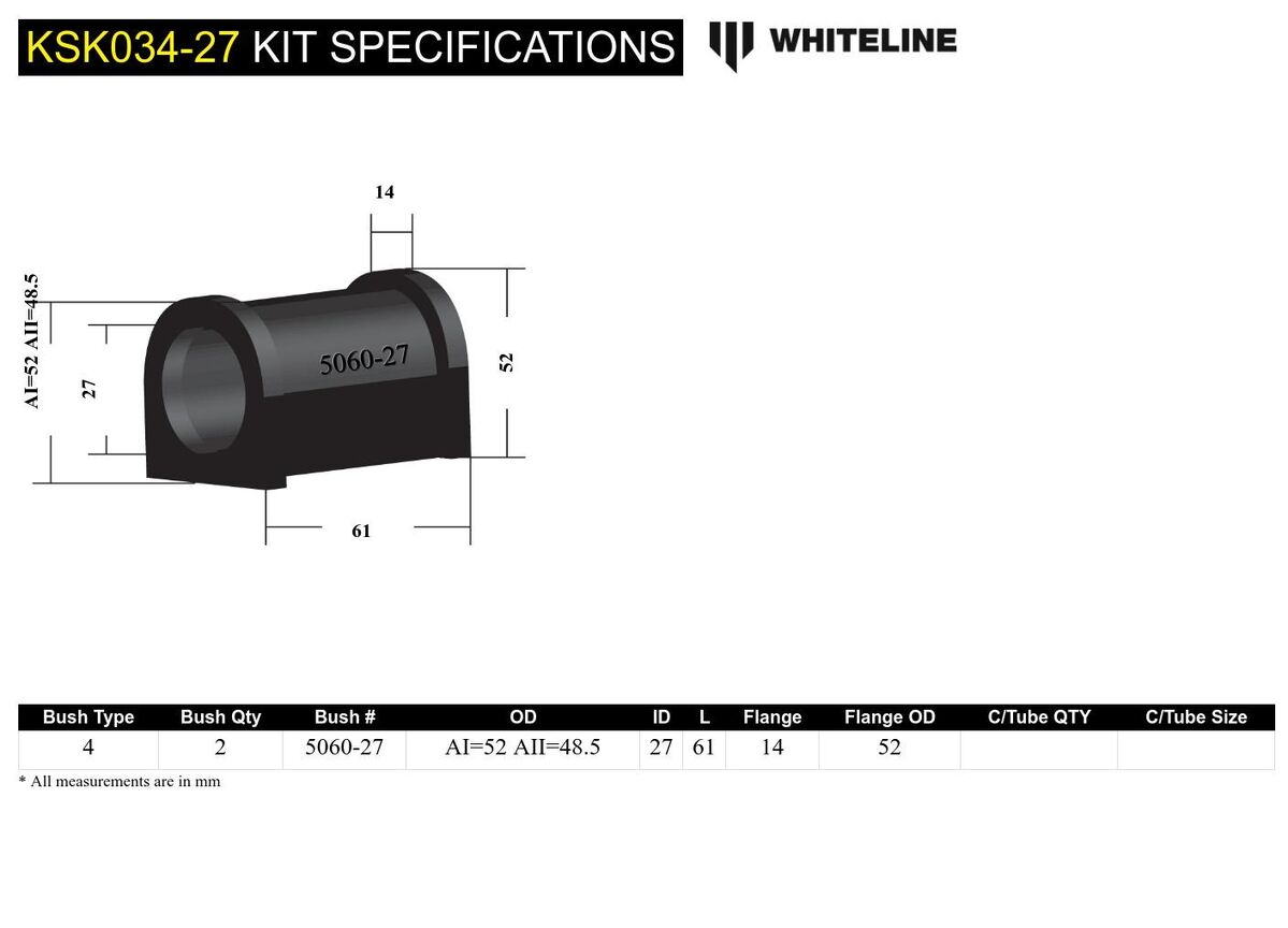 KSK034-27 Whiteline Front Sway Bar Mount - Bushing Kit 27mm to Suit Whiteline Sway Bars | Genuine Whiteline Suspension Component - photo 5 of 5