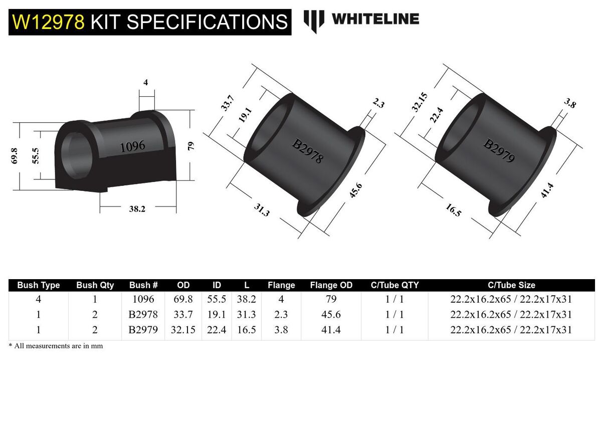 W12978 Whiteline Front Steering Rack and Pinion - Mount Bushing Kit to Suit Toyota Prado and 4Runner | Genuine Whiteline Suspension Component - photo 5 of 5
