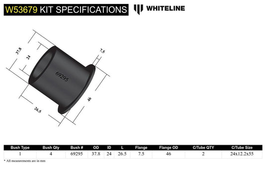 W53679 Whiteline Front Lower Control Arm - Inner Front Bushing Kit to Suit Hyundai I20 N BC | Genuine Whiteline Suspension Component - photo 2 of 4