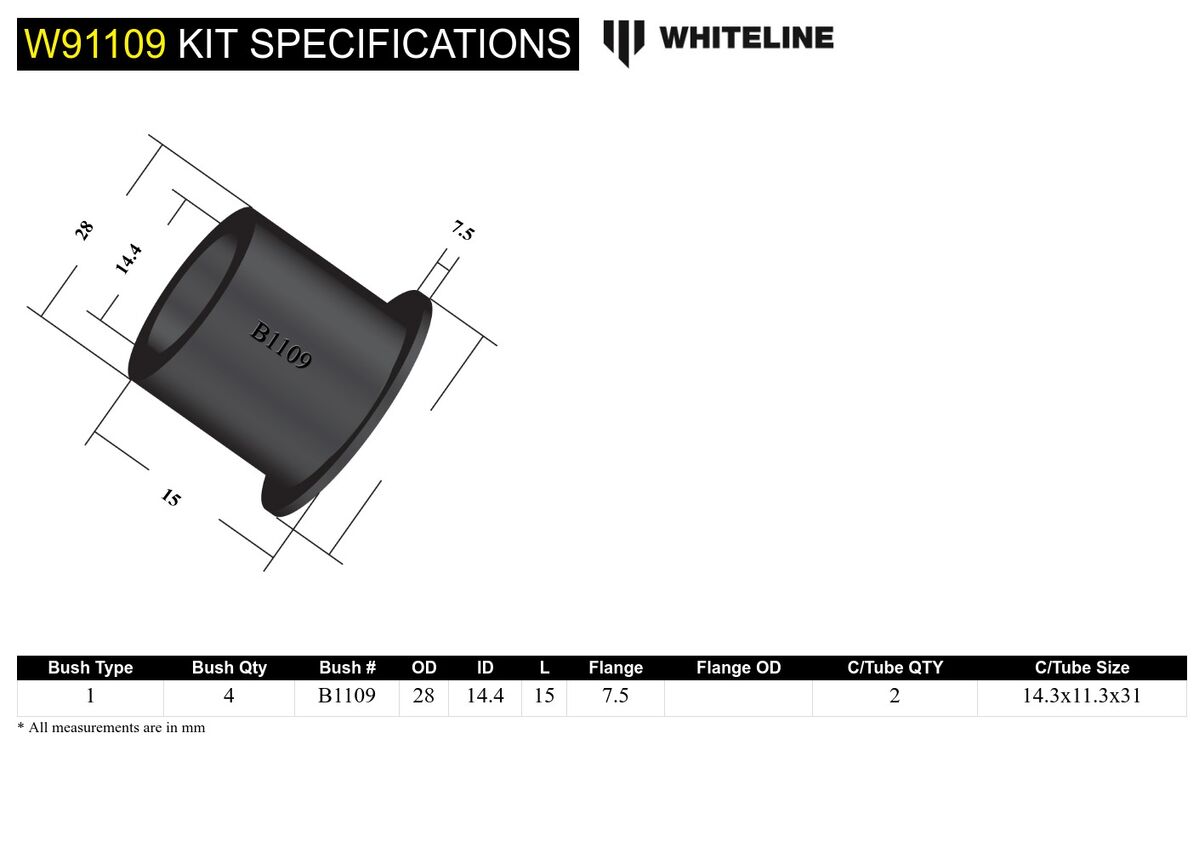 W91109 Whiteline Front Crossmember - Outrigger Bushing Kit to Suit Holden Torana LJ-LX | Genuine Whiteline Suspension Component - photo 4 of 4