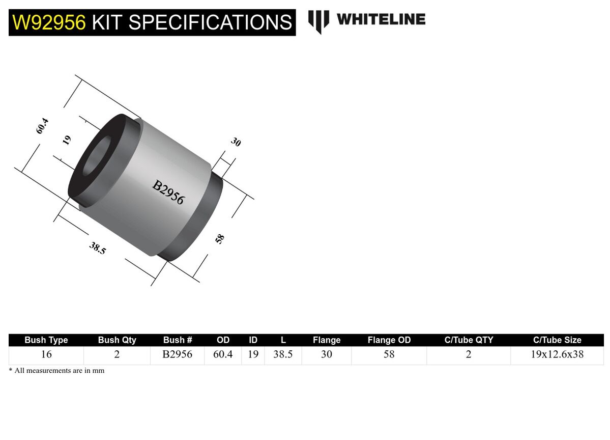 W92956 Whiteline Rear Differential Mount - Rear Bushing Kit to Suit Mitsubishi Lancer Evo 1-9 and Outlander | Genuine Whiteline Suspension Component - photo 6 of 6