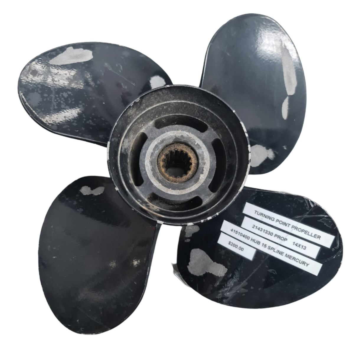 21431330 Turning Point Hustler 14 x 13 Four-Blade Aluminium Propeller with 41510400 Mercury 15-Spline Hub | Genuine Used Part