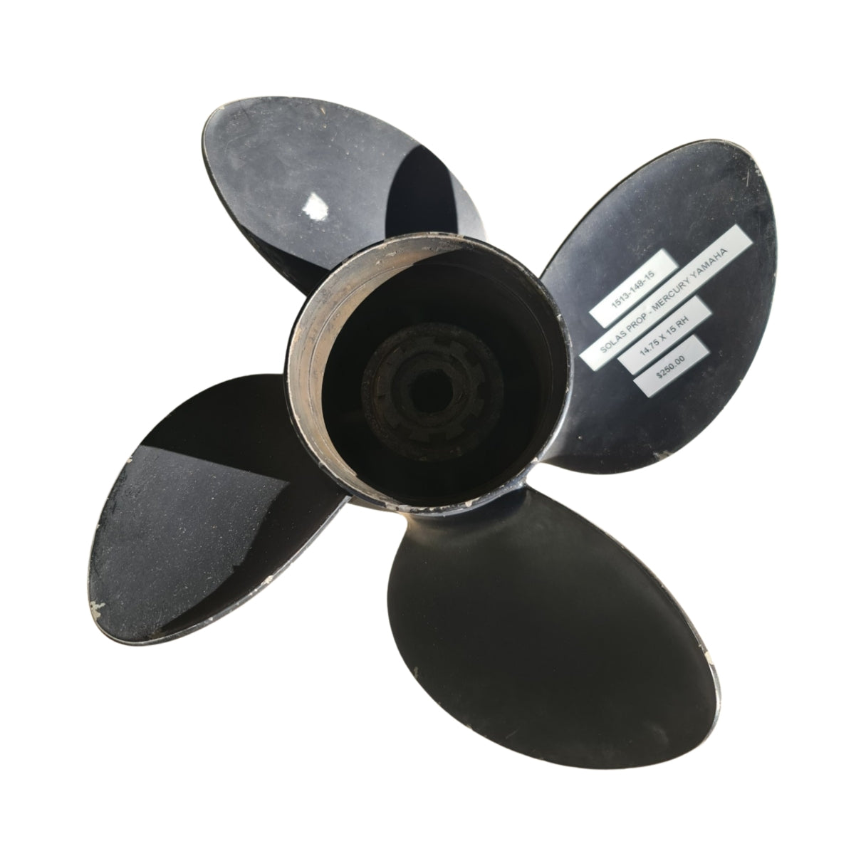 1513-148-15 Solas Amita 4 14 3/4 x 15 Aluminium Propeller – Mercury/Honda/Tohatsu 15 Spline | Genuine Used Part