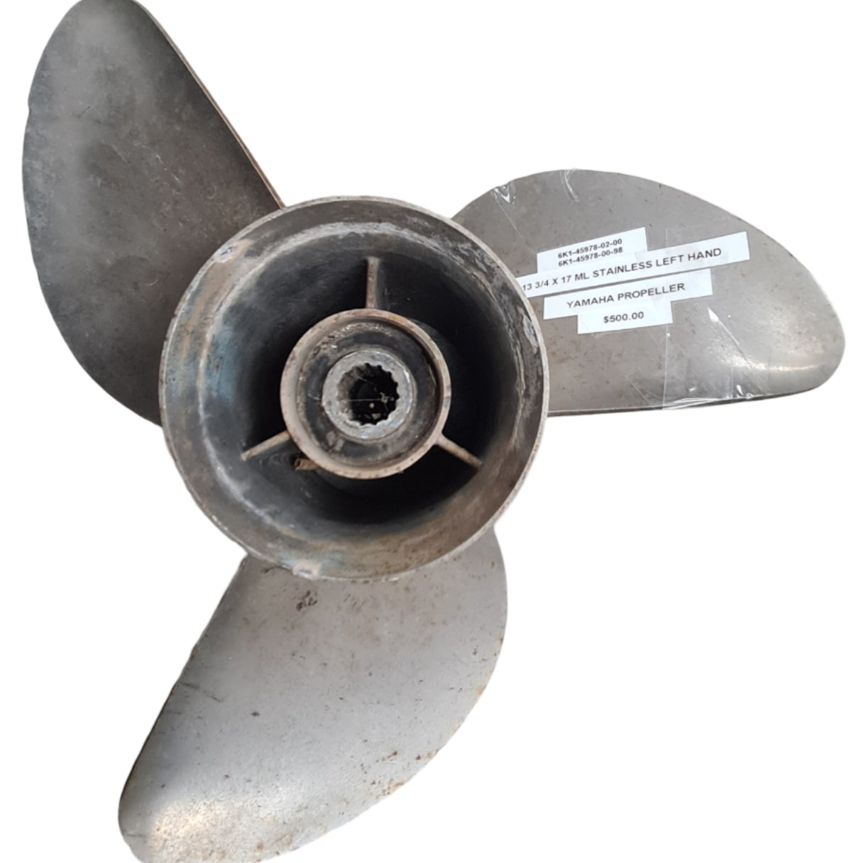 6K1-45978-00-98 6K1-45978-02-00 Yamaha M/T Series 13 3/4 x 17 LH Stainless Steel Propeller – 15 Spline | Genuine Used Part