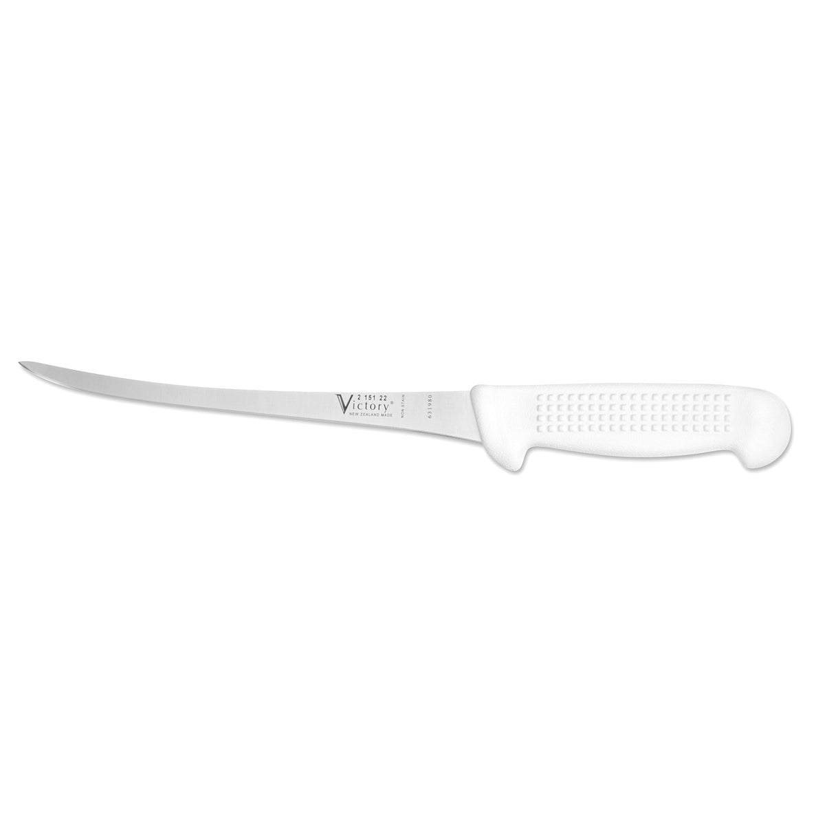 215122115 Victory - 2.5mm x 22cm Stainless Steel Extra Narrow Filleting Knife (White Plastic Handle)