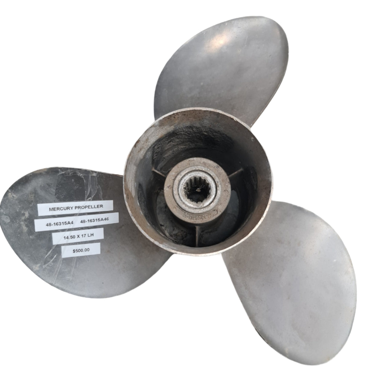 48-16315A4 48-16315A46 Mercury Vengeance 14 1/2 x 17 LH Stainless Steel Propeller – 15 Spline | Genuine Used Part