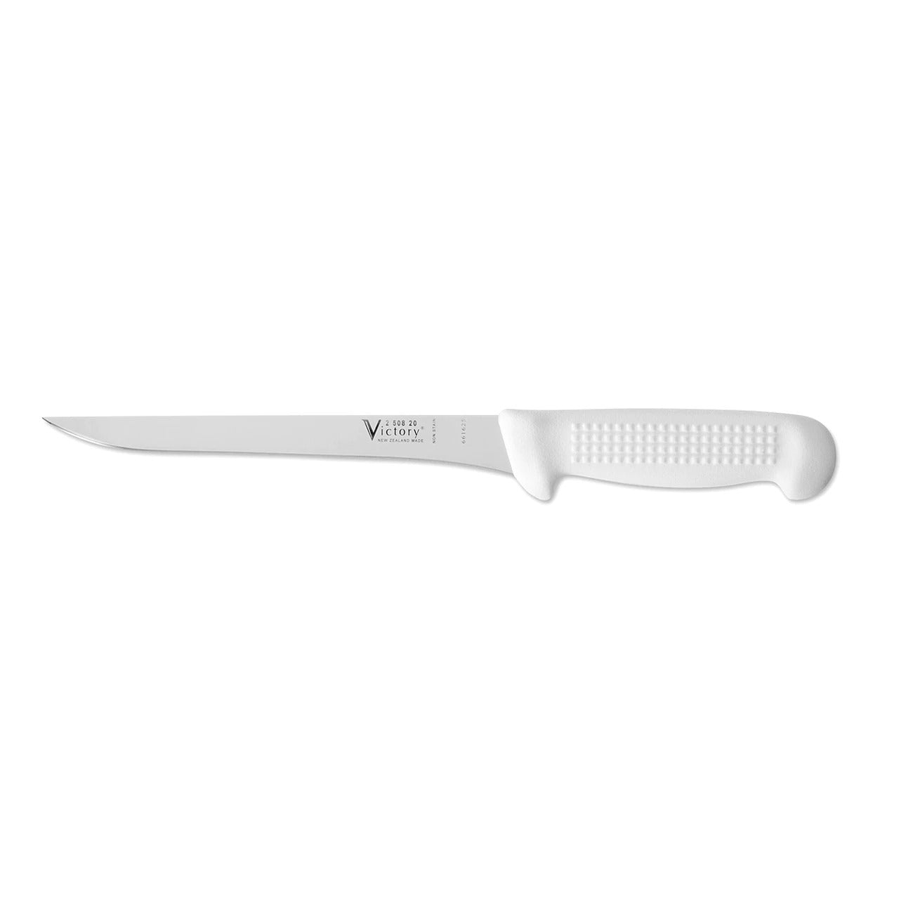 V250820115P Victory Knives - 2.5mm x 20cm Stainless Steel Straight Filleting Knife (White Plastic Handle) | Fishing & Outdoor Knife