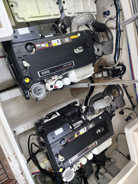 Twin Volvo Penta IPS diesels viewed from above in an engine bay