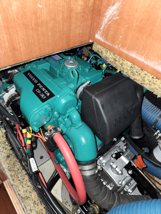 Volvo Penta D1-30 diesel in a yacht engine bay during a service