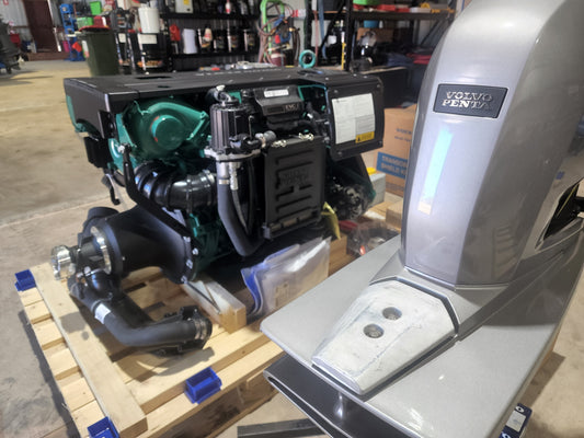 New Volvo Penta engine and drive unit in the workshop ahead of a repower