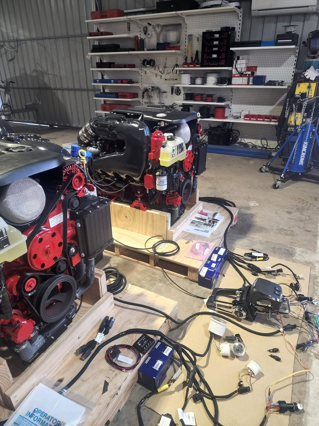 Test rigging and preparing to drop these 2 x Volvo Penta V8-300 engines into a twin engine Searay!