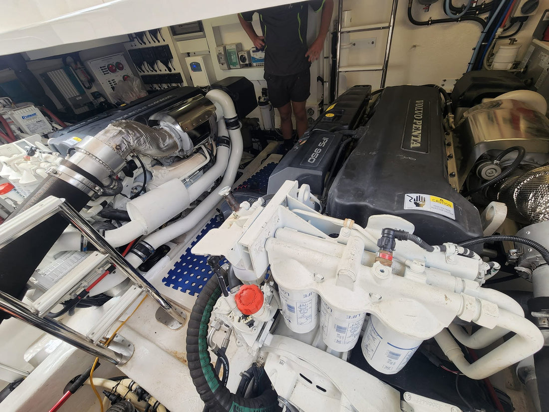 Volvo Penta D11 maintenance in the Wallaroo Marina today on this Riviera.