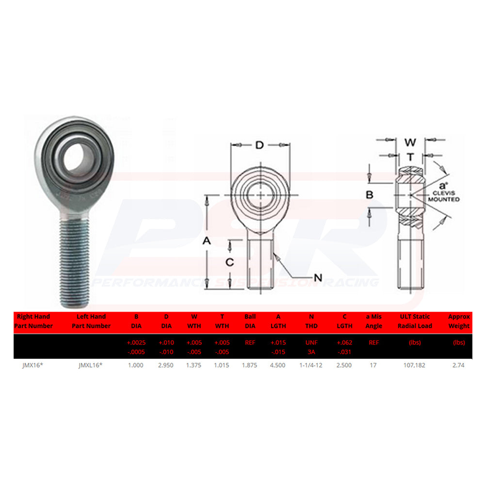 JMX16T PSR Wizard Flex FK Rod Ends 1-1/4" Right Hand Thread 1" Hole JMX16T PTFE Coated Chromoly Heim Joint F2 Fit | Genuine PSR Wizard Flex Suspension Component