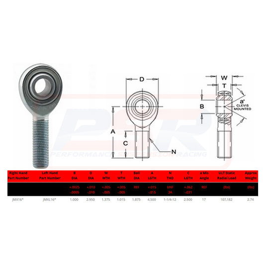 JMX16T PSR Wizard Flex FK Rod Ends 1-1/4" Right Hand Thread 1" Hole JMX16T PTFE Coated Chromoly Heim Joint F2 Fit | Genuine PSR Wizard Flex Suspension Component