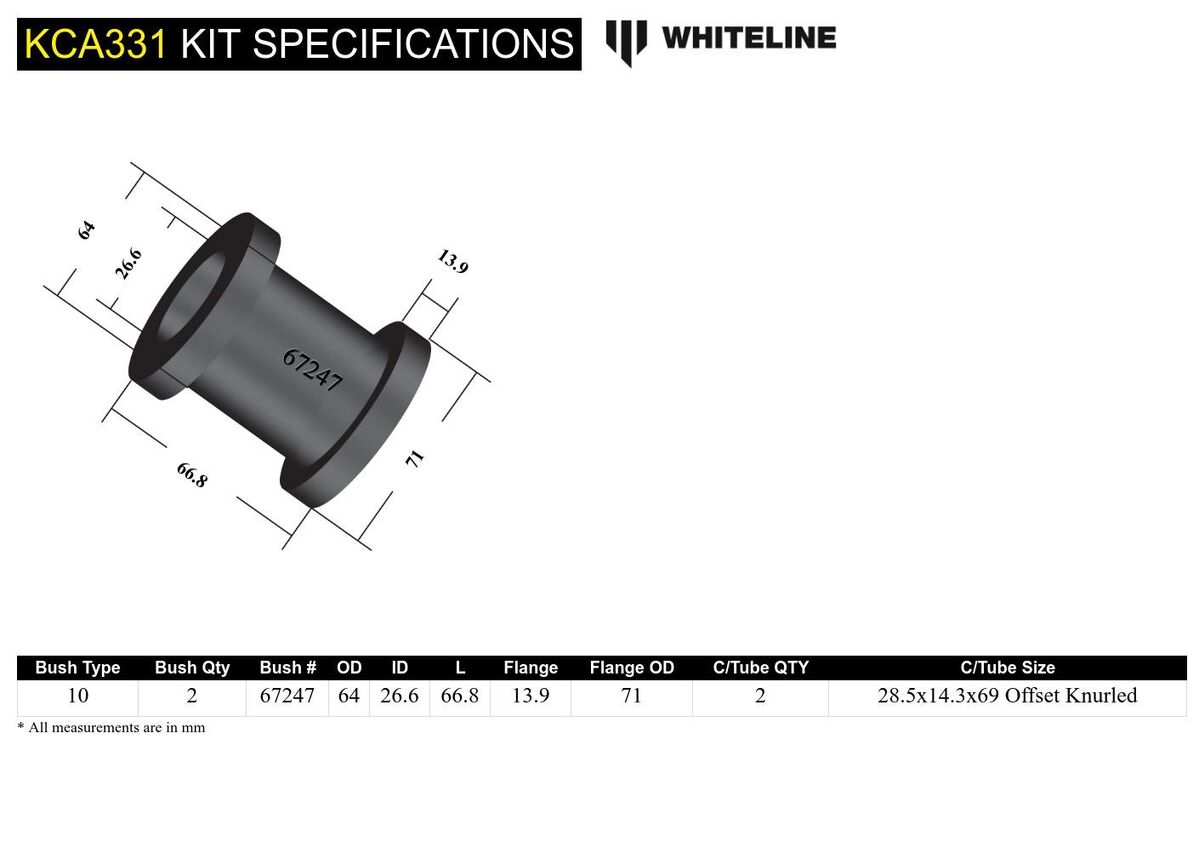 KCA331 Whiteline Front Strut Rod - To Chassis Bushing Kit Double Offset to Suit Nissan 180SX, 200SX. 300ZX and Skyline | Genuine Whiteline Suspension Component - photo 6 of 6