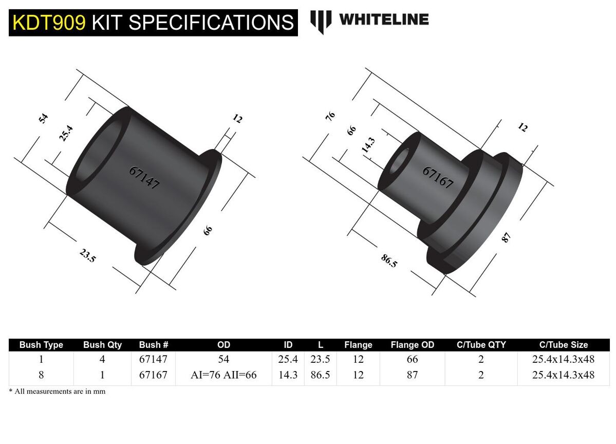 KDT909 Whiteline Rear Differential Mount - Front Bushing Kit to Suit Mitsubishi Lancer CJ, CY Ralliart Awd | Genuine Whiteline Suspension Component - photo 5 of 5