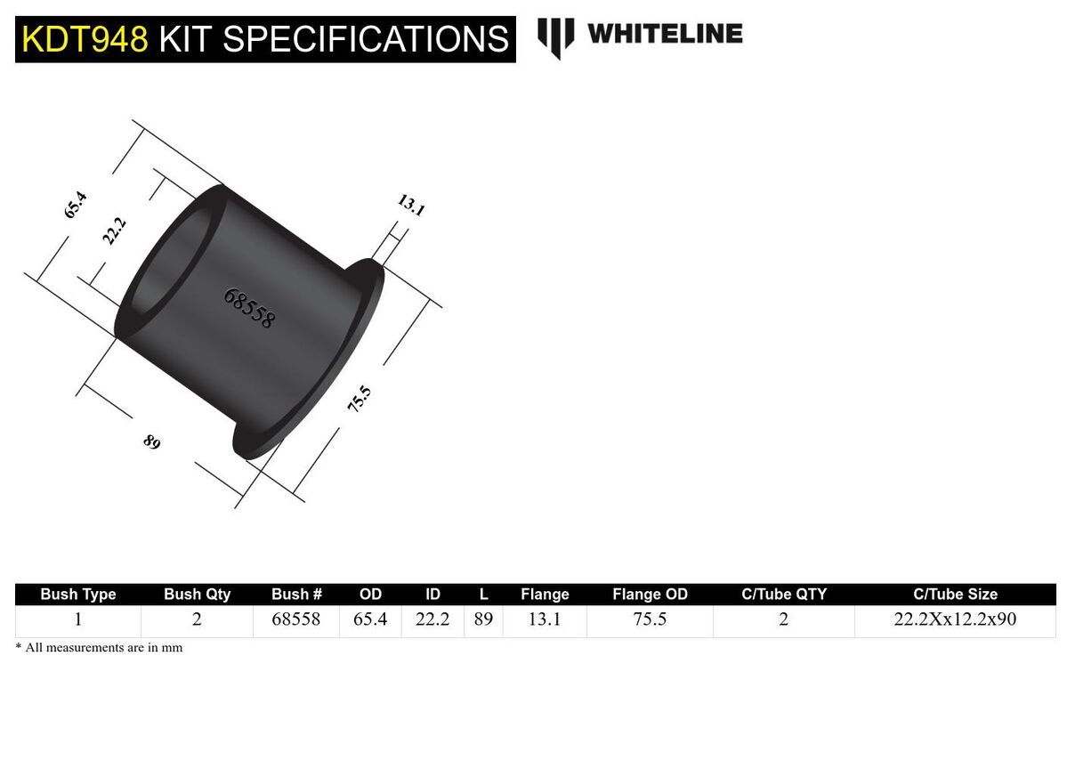 KDT948 Whiteline Rear Beam Axle - Bushing Kit to Suit Nissan Micra, Tiida and Renault Clio | Genuine Whiteline Suspension Component - photo 5 of 5