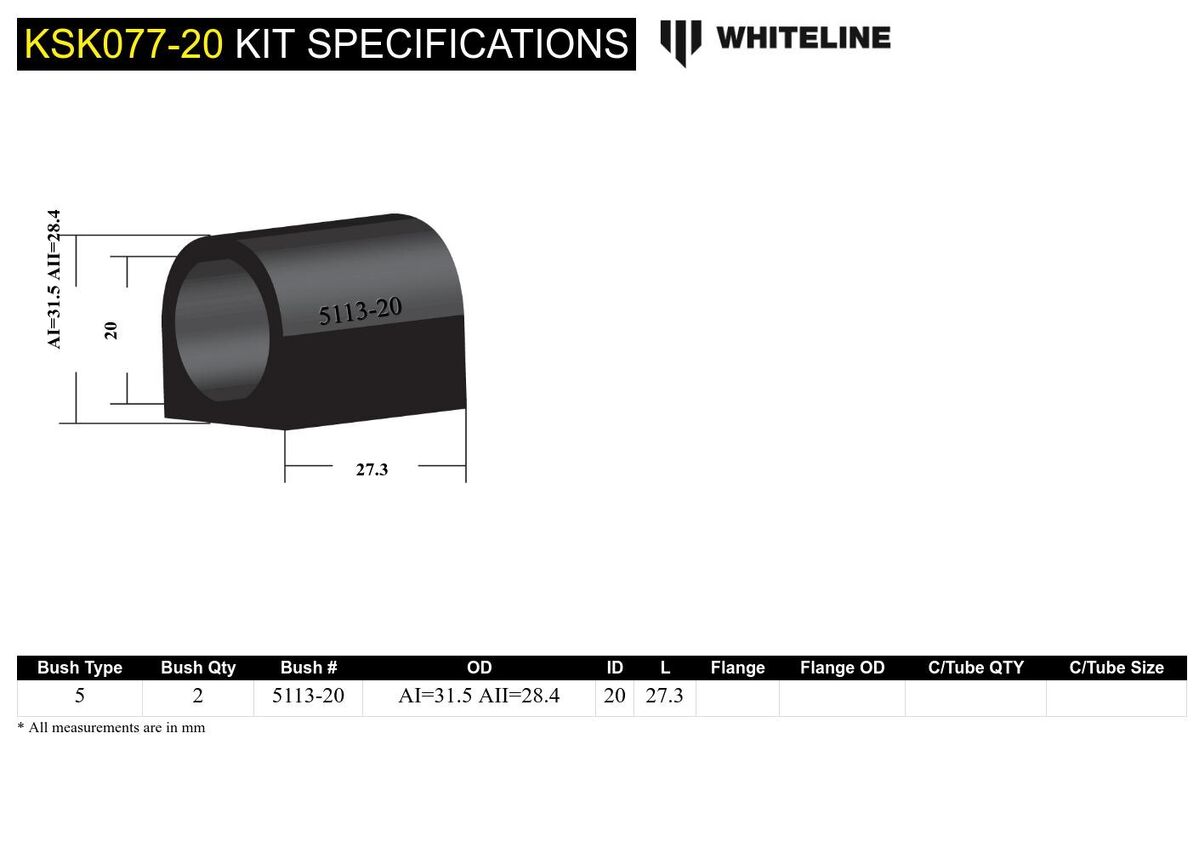KSK077-20 Whiteline Rear Sway Bar Mount - Bushing Kit 20mm to Suit Whiteline Sway Bars | Genuine Whiteline Suspension Component - photo 5 of 5