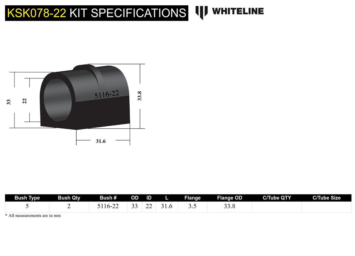 KSK078-22 Whiteline Front Sway Bar Mount - Bushing Kit 22mm to Suit Whiteline Sway Bars | Genuine Whiteline Suspension Component - photo 6 of 6