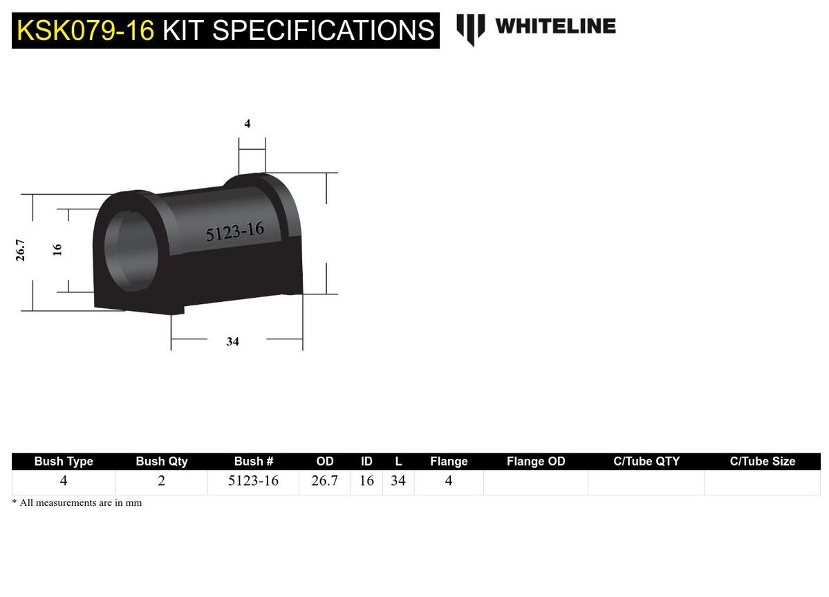 KSK079-16 Whiteline Rear Sway Bar Mount - Bushing Kit 16mm to Suit Whiteline Sway Bars | Genuine Whiteline Suspension Component - photo 6 of 6