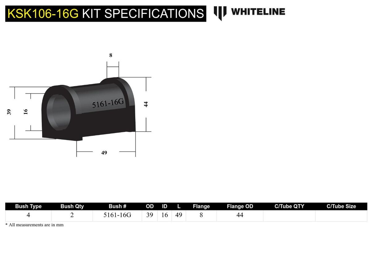 KSK106-16 Whiteline Rear Sway Bar Mount - Bushing Kit 16mm to Suit Whiteline Sway Bars | Genuine Whiteline Suspension Component - photo 5 of 5