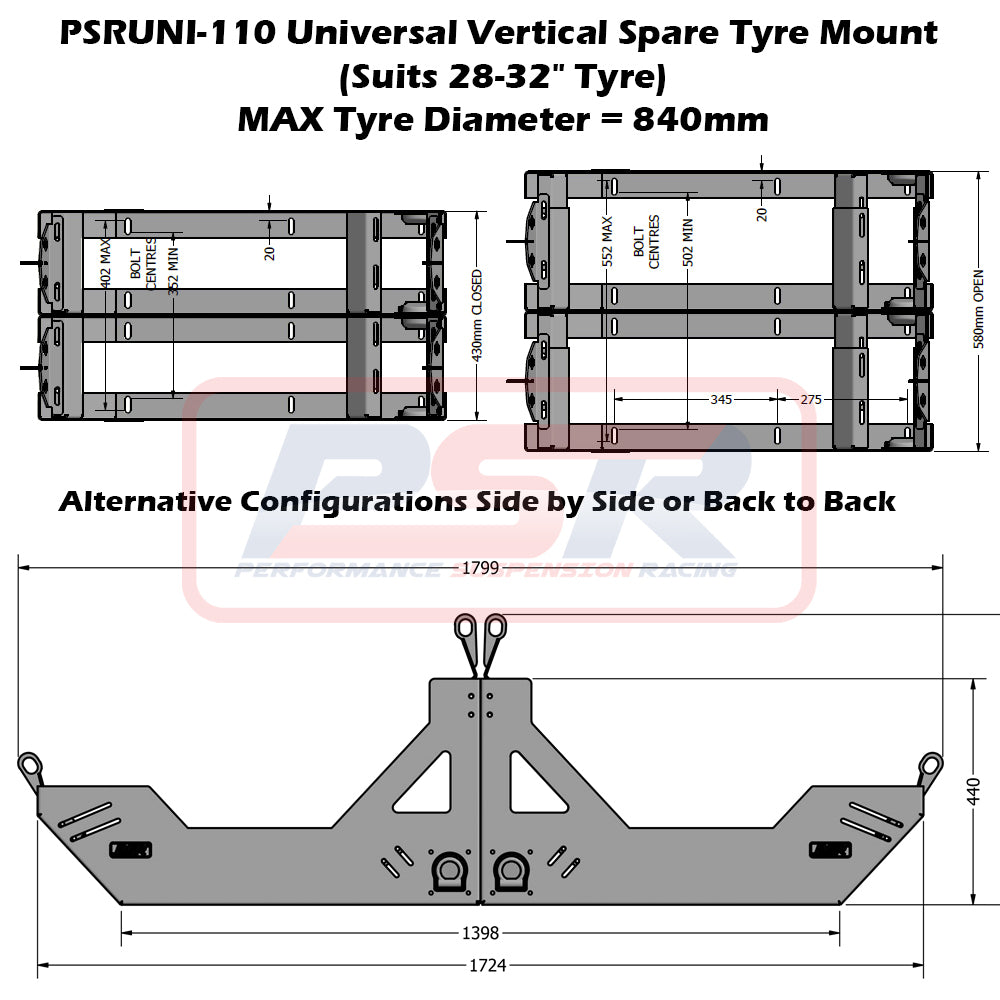 PSRUNI-110 PSR Universal Vertical Spare Tyre Mount (Suits 28-32" Tyre) | Genuine PSR 4X4 Accessory