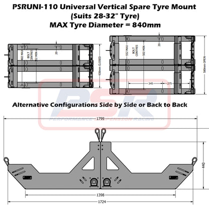PSRUNI-110 PSR Universal Vertical Spare Tyre Mount (Suits 28-32" Tyre) | Genuine PSR 4X4 Accessory