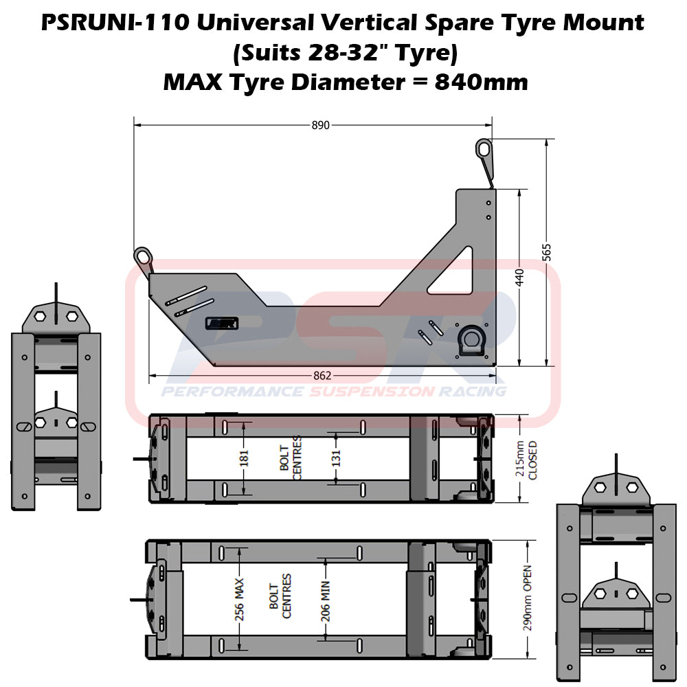 PSRUNI-110 PSR Universal Vertical Spare Tyre Mount (Suits 28-32" Tyre) | Genuine PSR 4X4 Accessory