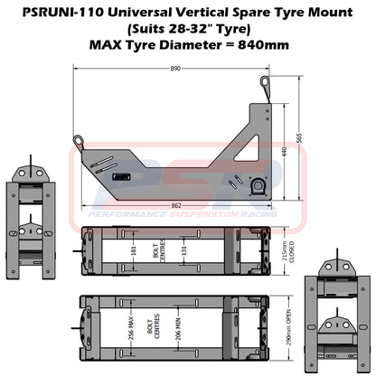 PSRUNI-110 PSR Universal Vertical Spare Tyre Mount (Suits 28-32" Tyre) | Genuine PSR 4X4 Accessory