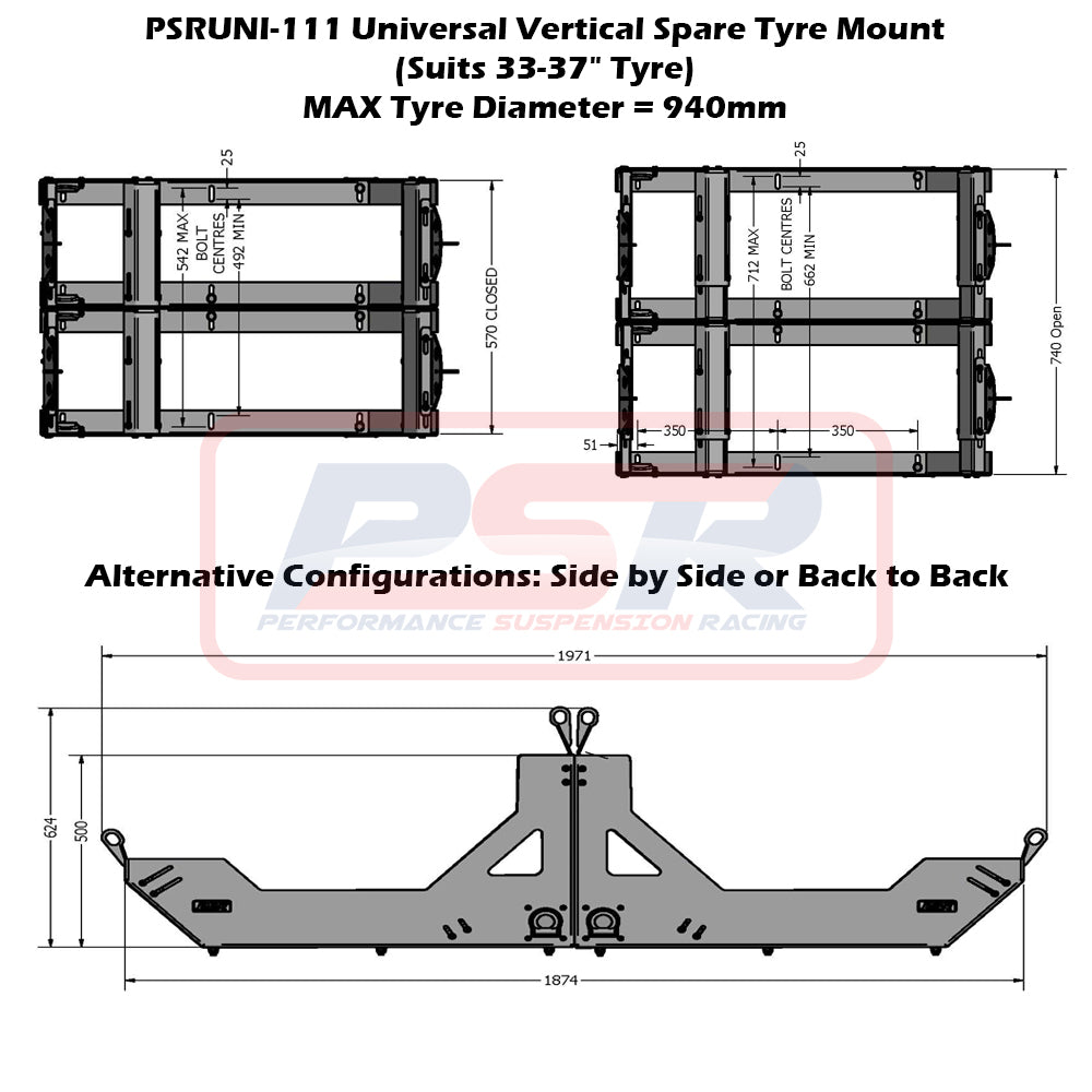 PSRUNI-111 PSR Universal Vertical Spare Tyre Mount (Suits 33-37" Tyre) | Genuine PSR 4X4 Accessory