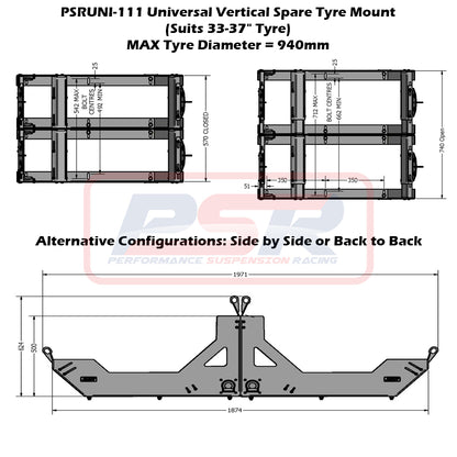 PSRUNI-111 PSR Universal Vertical Spare Tyre Mount (Suits 33-37" Tyre) | Genuine PSR 4X4 Accessory