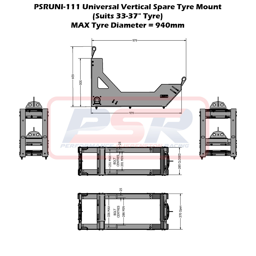 PSRUNI-111 PSR Universal Vertical Spare Tyre Mount (Suits 33-37" Tyre) | Genuine PSR 4X4 Accessory