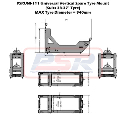 PSRUNI-111 PSR Universal Vertical Spare Tyre Mount (Suits 33-37" Tyre) | Genuine PSR 4X4 Accessory
