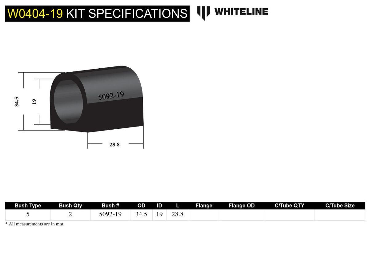 W0404-19 Whiteline Sway Bar Mount - Bushing Kit 19mm to Suit Subaru Forester, Impreza, Liberty and Outback | Genuine Whiteline Suspension Component - photo 4 of 4