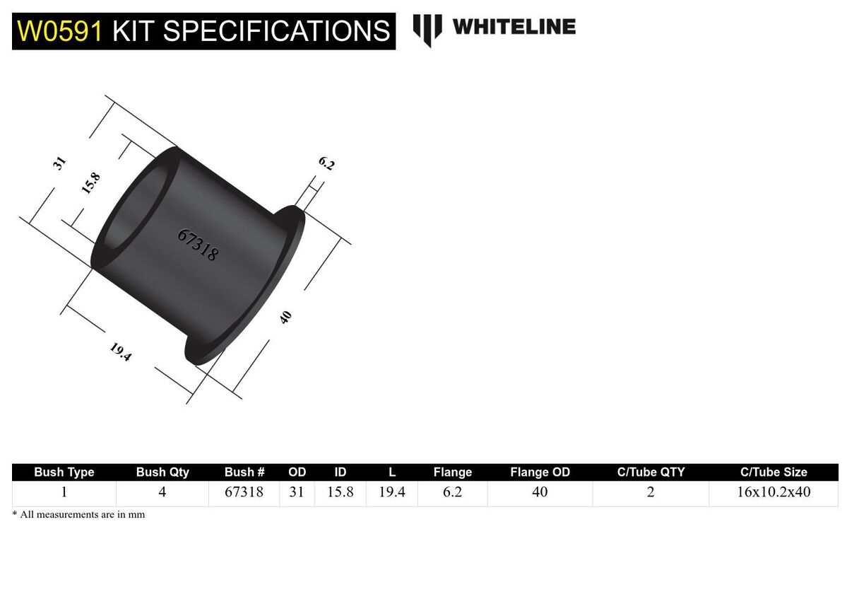 W0591 Whiteline Rear Control Arm Upper Rear - Inner Bushing Kit to Suit Mitsubishi Lancer Evo 4 5 6 7 8 9 | Genuine Whiteline Suspension Component - photo 5 of 5