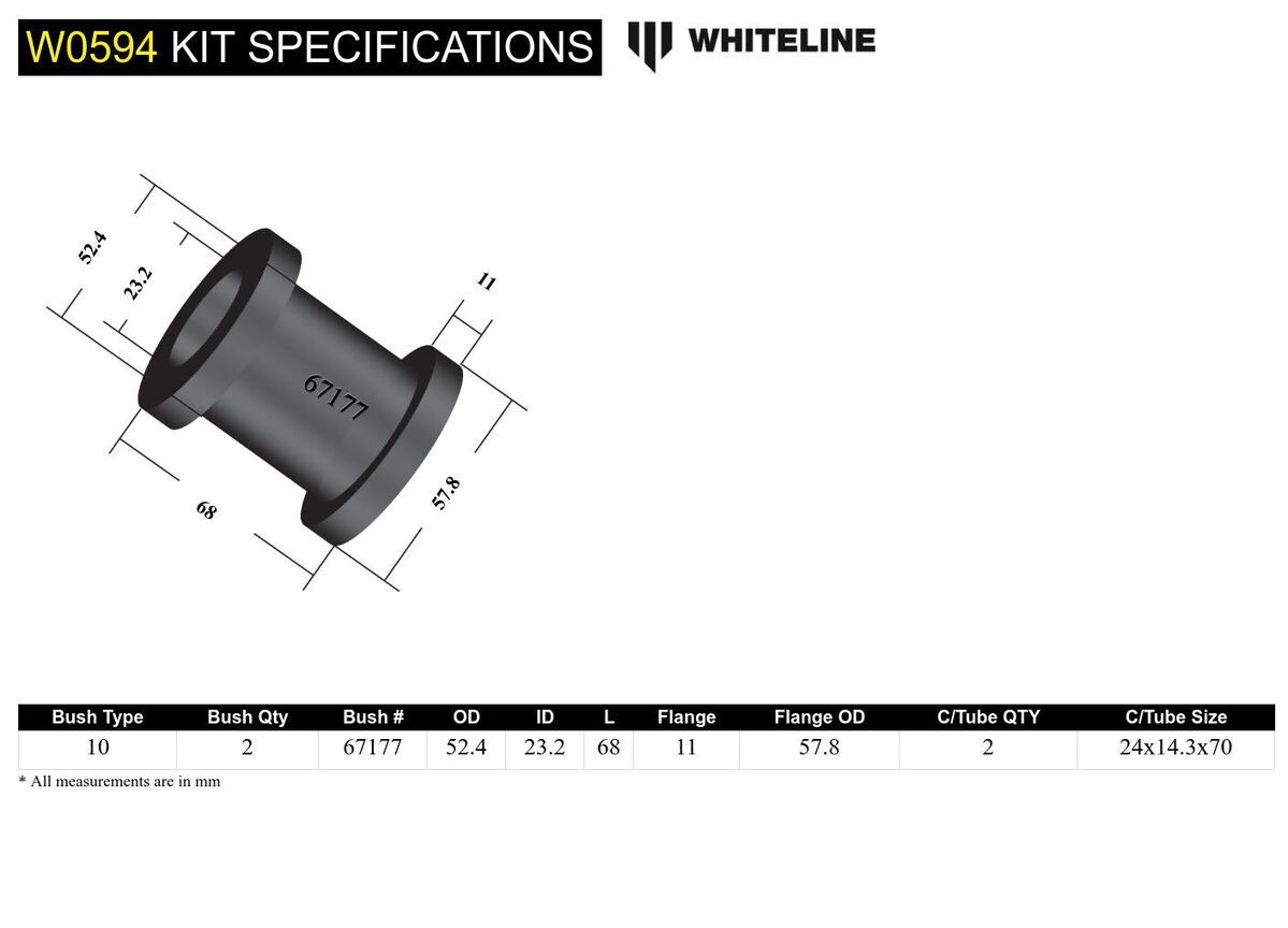W0594 Whiteline Rear Trailing Arm Lower - Front Bushing Kit to Suit Mitsubishi Lancer Evo 4 5 6 7 8 9 | Genuine Whiteline Suspension Component - photo 5 of 5