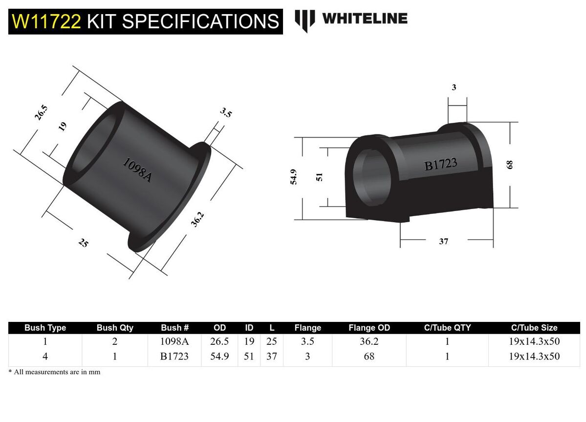 W11722 Whiteline Front Steering Rack and Pinion - Mount Bushing Kit to Suit Toyota Camry, Avalon and Holden Apollo | Genuine Whiteline Suspension Component - photo 5 of 5