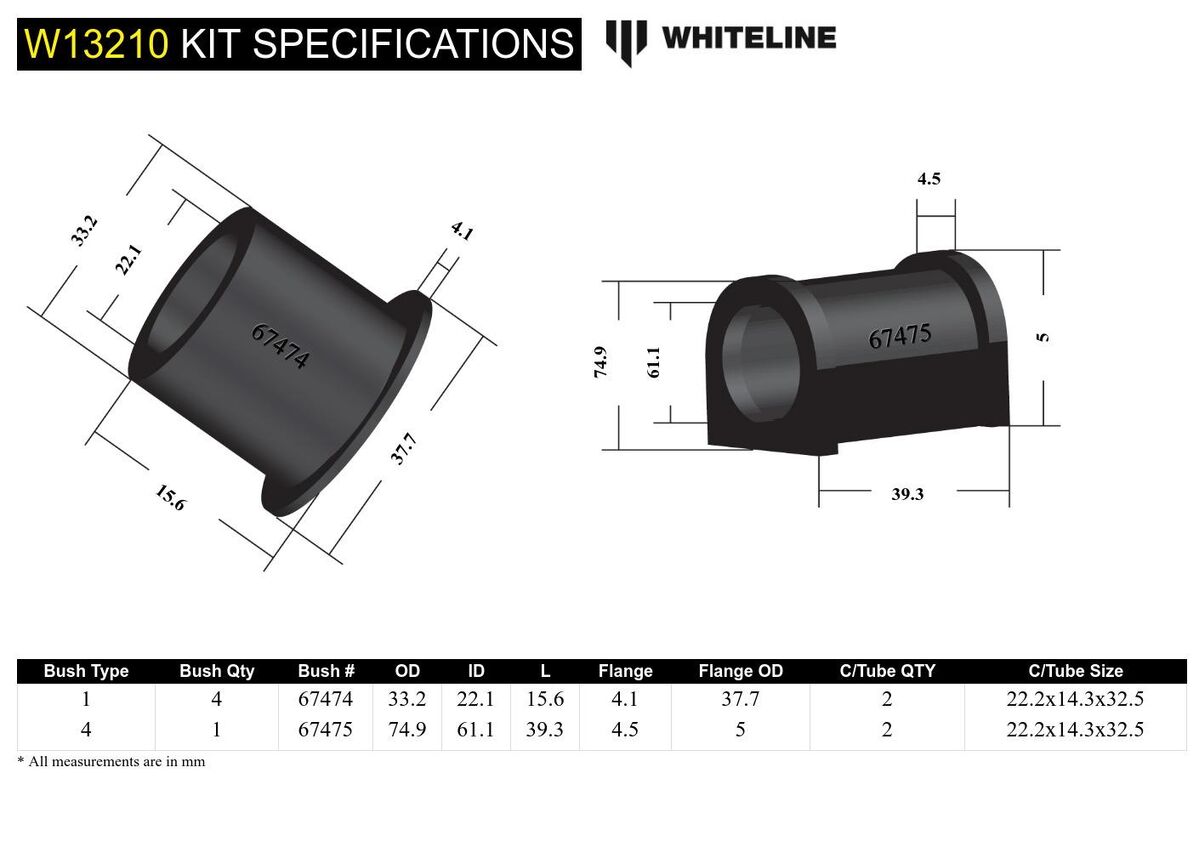 W13210 Whiteline Front Steering Rack and Pinion - Mount Bushing Kit to Suit Toyota Land Cruiser 100 Series IFS | Genuine Whiteline Suspension Component - photo 4 of 4