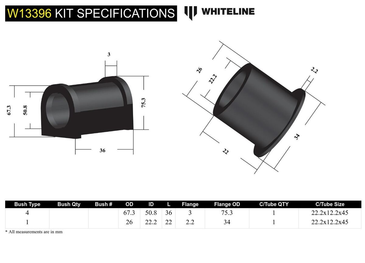 W13396 Whiteline Front Steering Rack and Pinion - Mount Bushing Kit to Suit Toyota Rav 4 SXA10, 11, 16 | Genuine Whiteline Suspension Component - photo 5 of 5