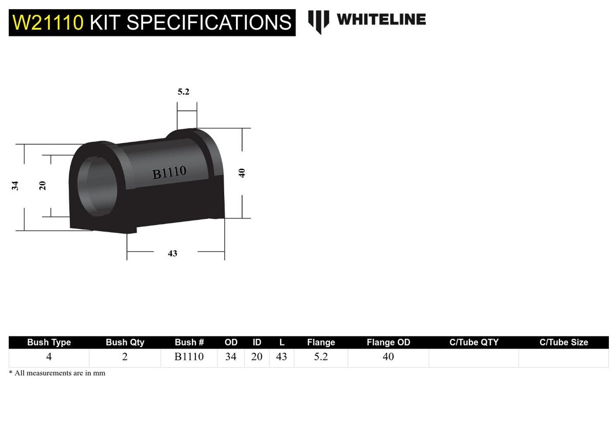 W21110 Whiteline Sway Bar Mount - Bushing Kit 20mm to Suit Ford Capri, Cortina and Escort | Genuine Whiteline Suspension Component - photo 4 of 4