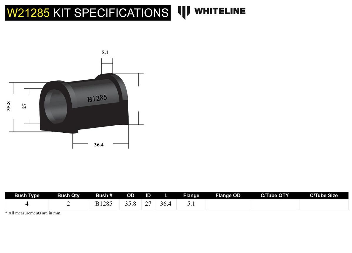 W21285 Whiteline Sway Bar Mount - Bushing Kit 27mm to Suit Ford Falcon/Fairlane XE-EF | Genuine Whiteline Suspension Component - photo 4 of 4