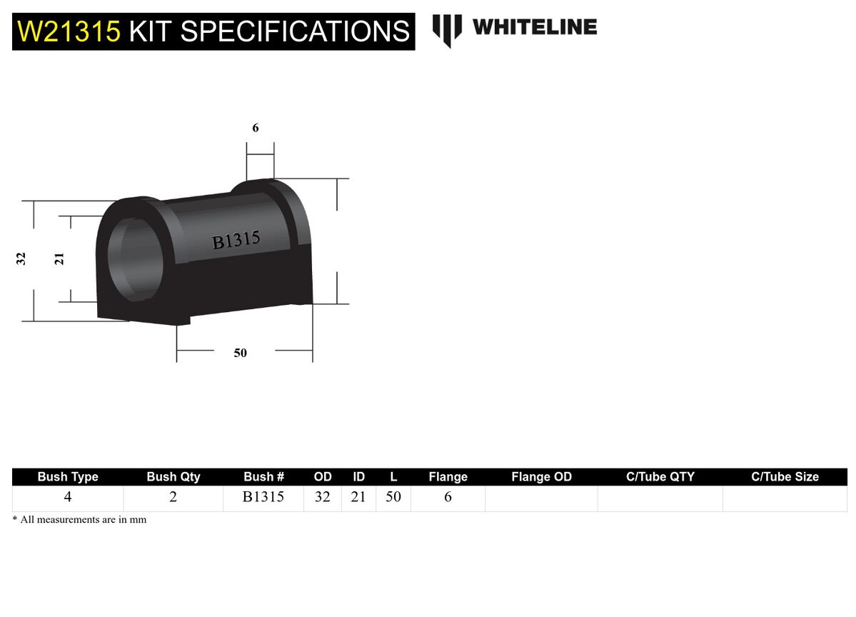 W21315 Whiteline Sway Bar Mount - Bushing Kit 21mm to Suit Jaguar E Type, Mk1, Mk2, MkX, XJ and XJS | Genuine Whiteline Suspension Component - photo 5 of 5