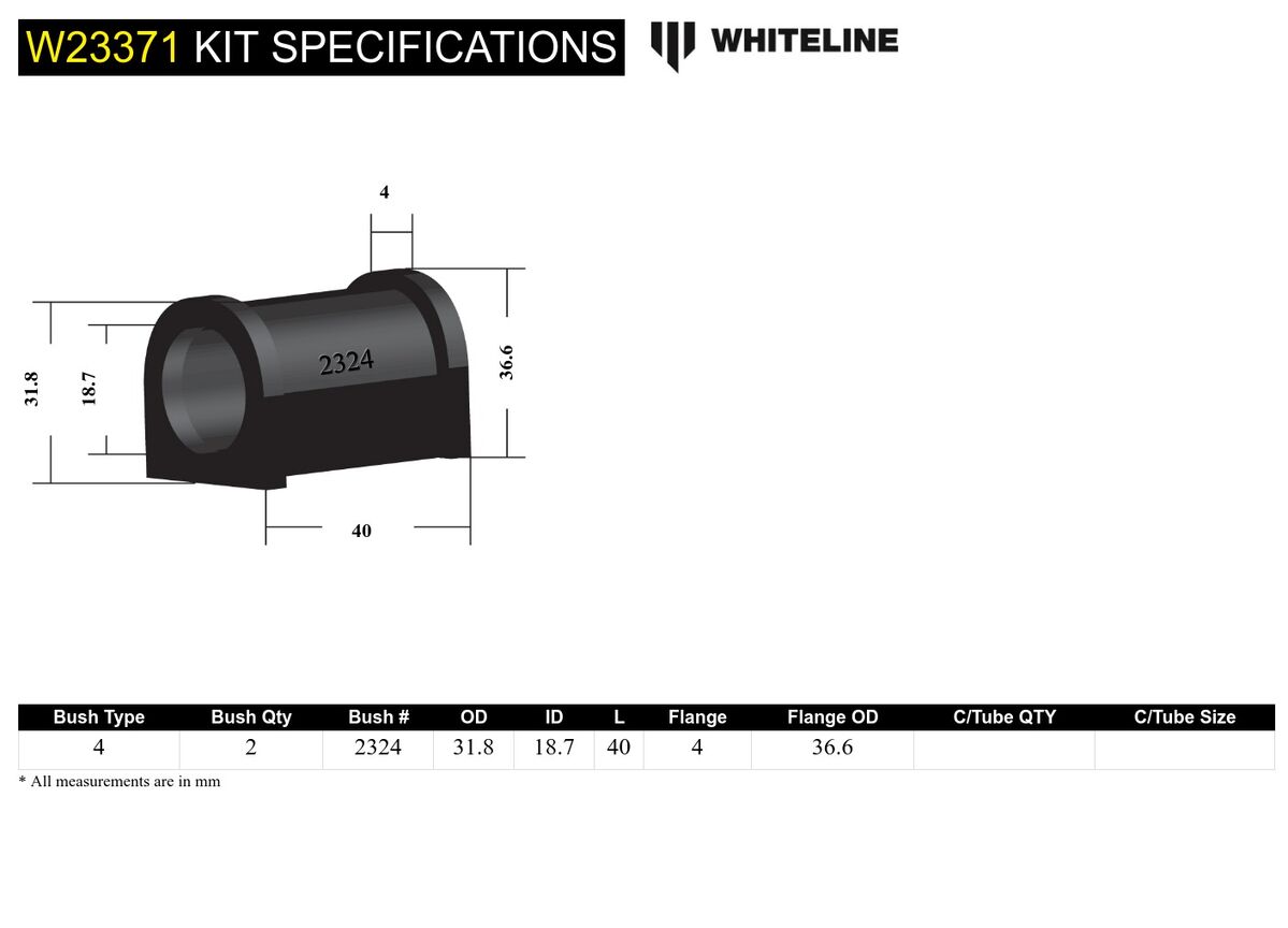 W23371 Whiteline Sway Bar Mount - Bushing Kit 19mm to Suit Toyota Cressida, HiAce, Land Cruiser and Rav 4 | Genuine Whiteline Suspension Component - photo 4 of 4