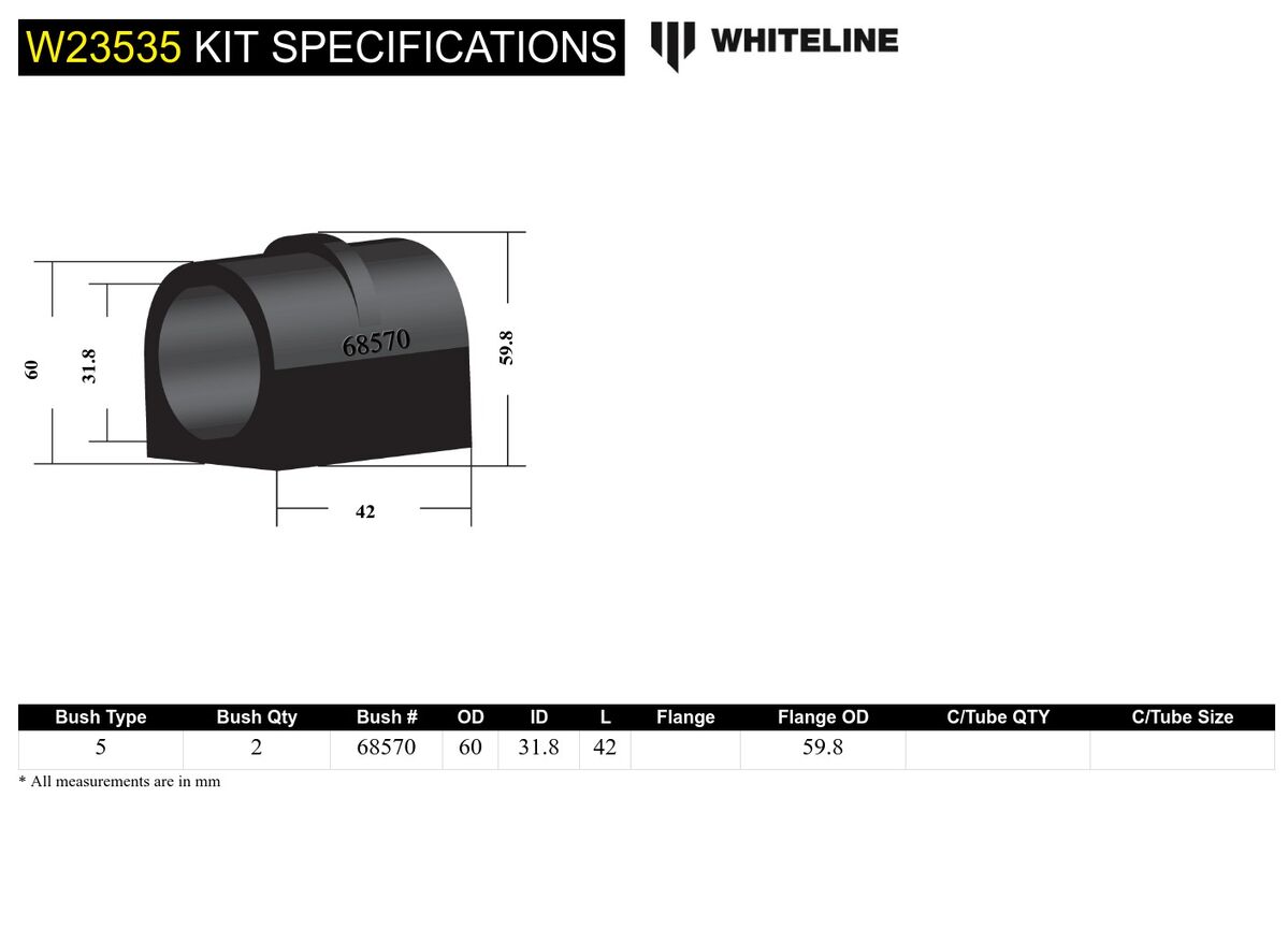 W23535 Whiteline Front Sway Bar Mount - Bushing Kit 32mm to Suit Ford Ranger, Everest and Mazda BT-50 | Genuine Whiteline Suspension Component - photo 5 of 5
