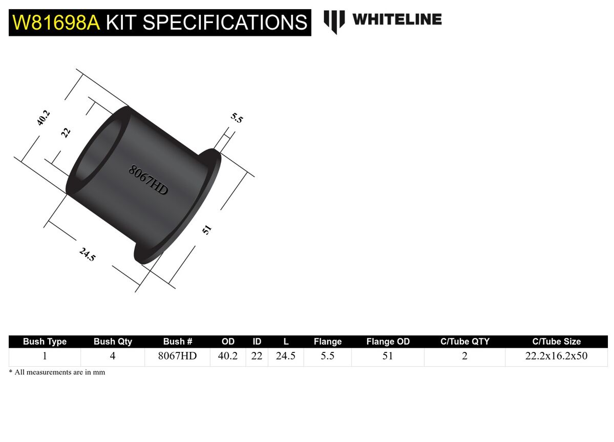 W81698A Whiteline Front Panhard Rod - Bushing Kit to Suit Toyota Land Cruiser 76, 78, 79, 80 and 105 Series | Genuine Whiteline Suspension Component - photo 5 of 5