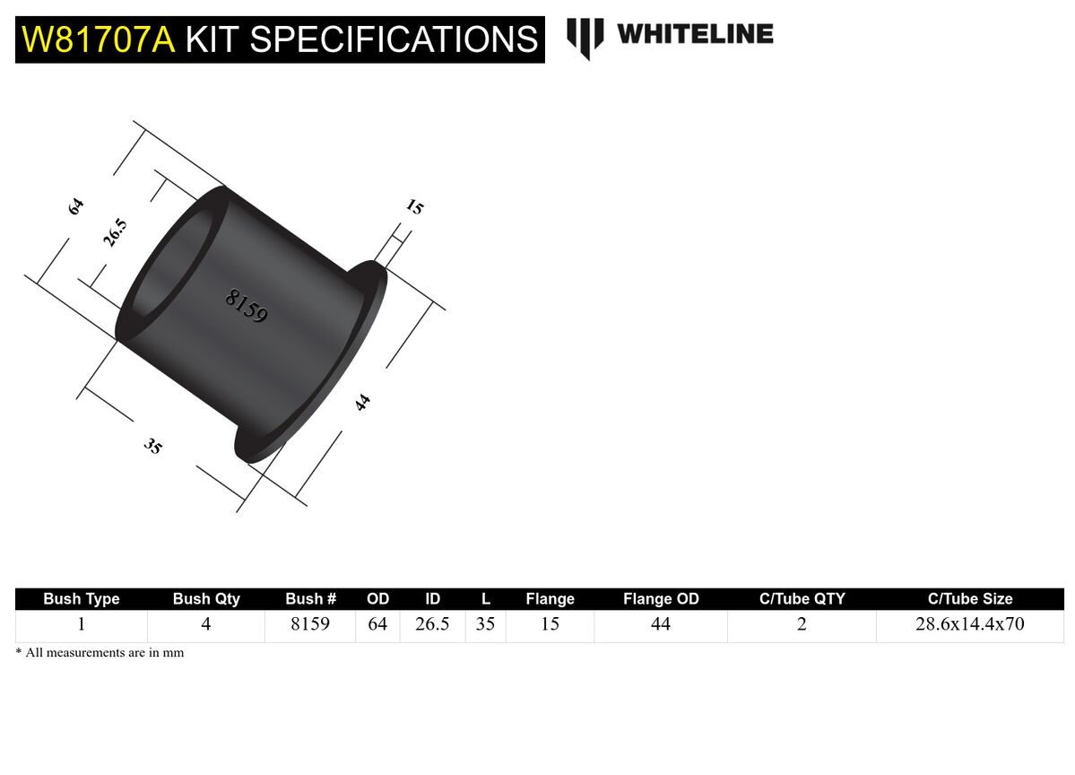 W81707A Whiteline Front Strut Rod - To Chassis Bushing Kit to Suit Nissan 180SX, 200SX, 300ZX and Skyline | Genuine Whiteline Suspension Component - photo 6 of 6