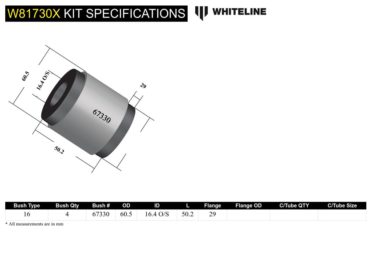 W81730X Whiteline Front Leading Arm - To Differential Bushing Kit Extra Offset to Suit Nissan Patrol GQ, GU and Toyota Land Cruiser 80, 105 Series | Genuine Whiteline Suspension Component - photo 5 of 5